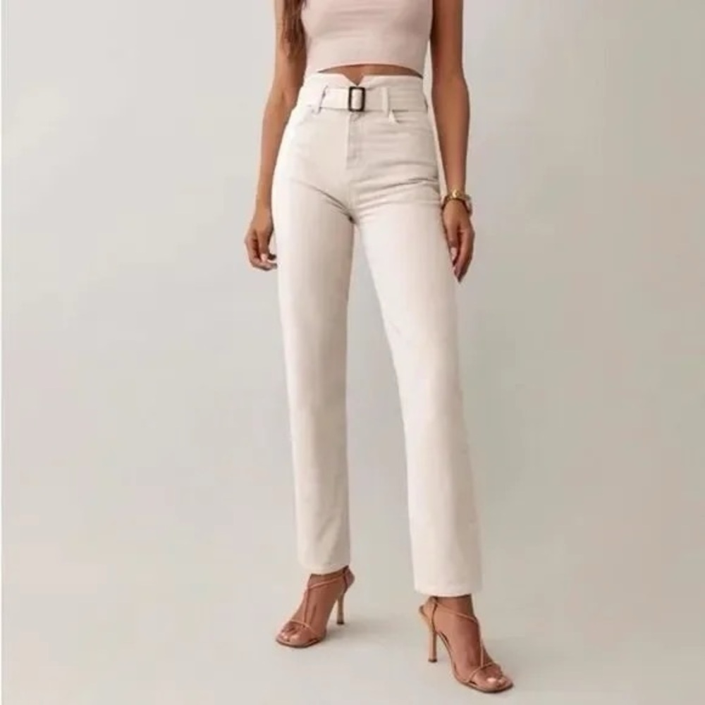 Reformation Cynthia Belted High Rise Straight Leg in Cream